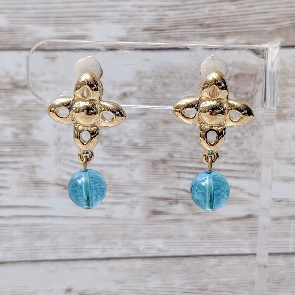 Vintage Givenchy Clip On Earrings - Gold Tone & Blue Dangle